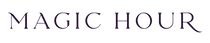 The image displays the words "MAGIC HOUR" in elegant, dark purple, serif font against a transparent background.