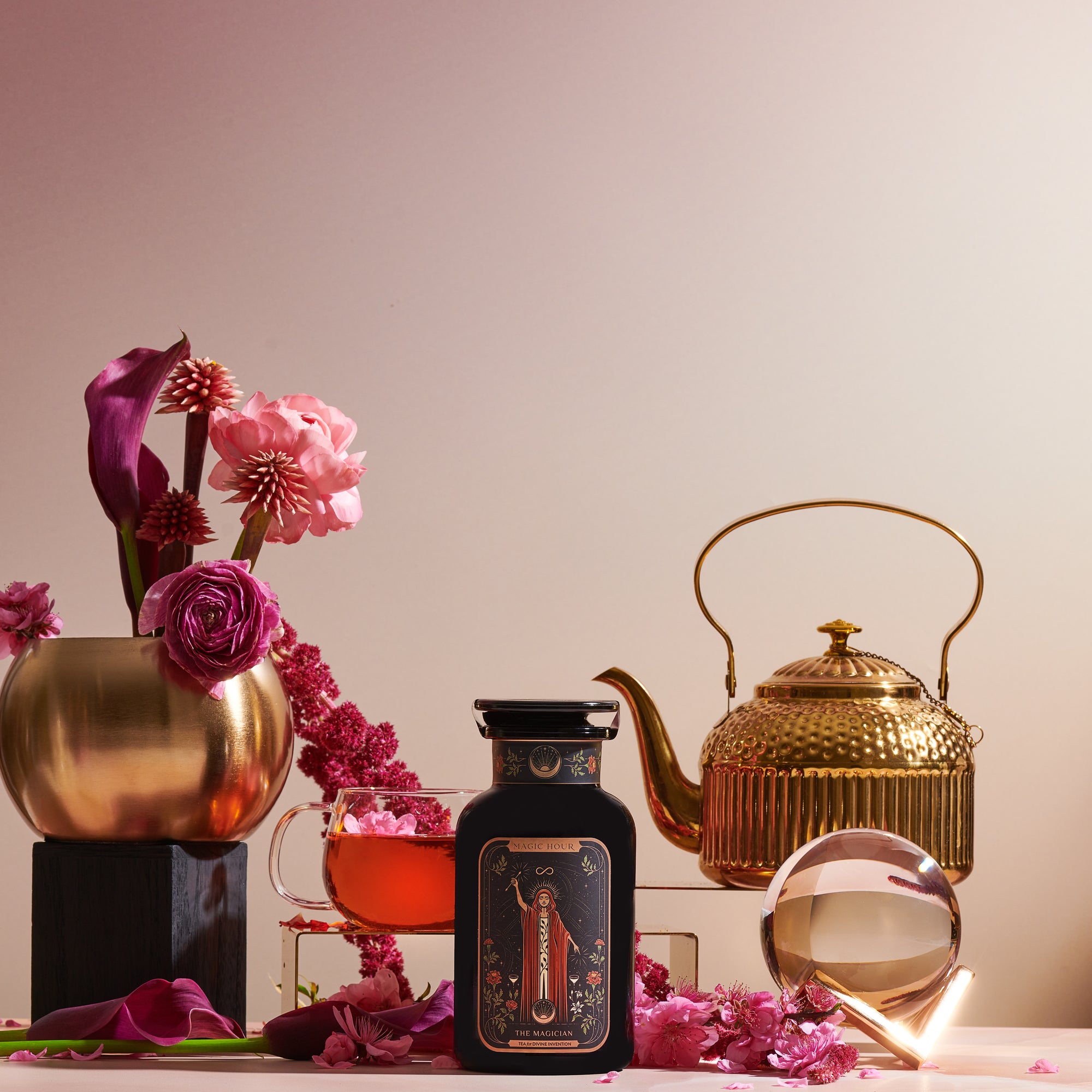 The Magician Tea, Gold Tea pot, Purple Flowers, Crystal Ball