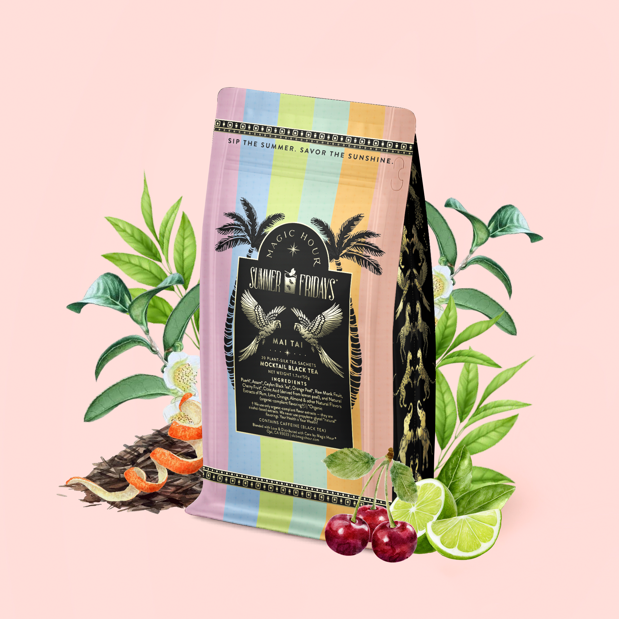 A vibrant bag of Mai Tai: Black &amp; Puerh Tropical Mocktail Tea for Energizing Your Season of Sunshine is surrounded by illustrated tropical fruits and lush leaves—featuring cherries, lime, pineapple, and orange slices—set against a soft pink background to evoke the refreshing spirit and lively summer vibes of this cocktail-inspired tea blend.