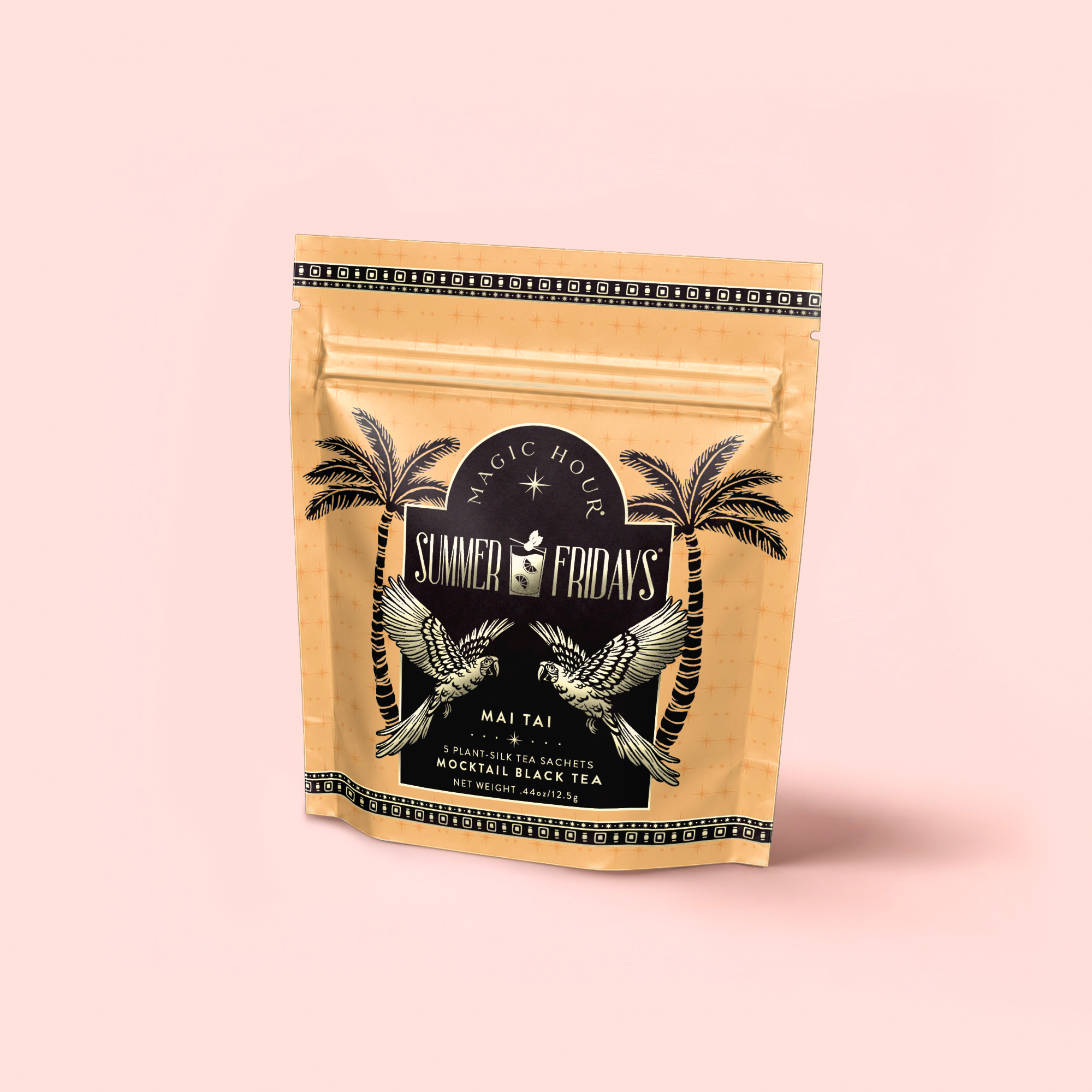 A tan resealable pouch labeled "Mai Tai: Black & Puerh Tropical Mocktail Tea for Energizing Your Season of Sunshine" features palm trees and birds in black and gold on a pink background. Contains 2.5 oz of energizing summer tea.