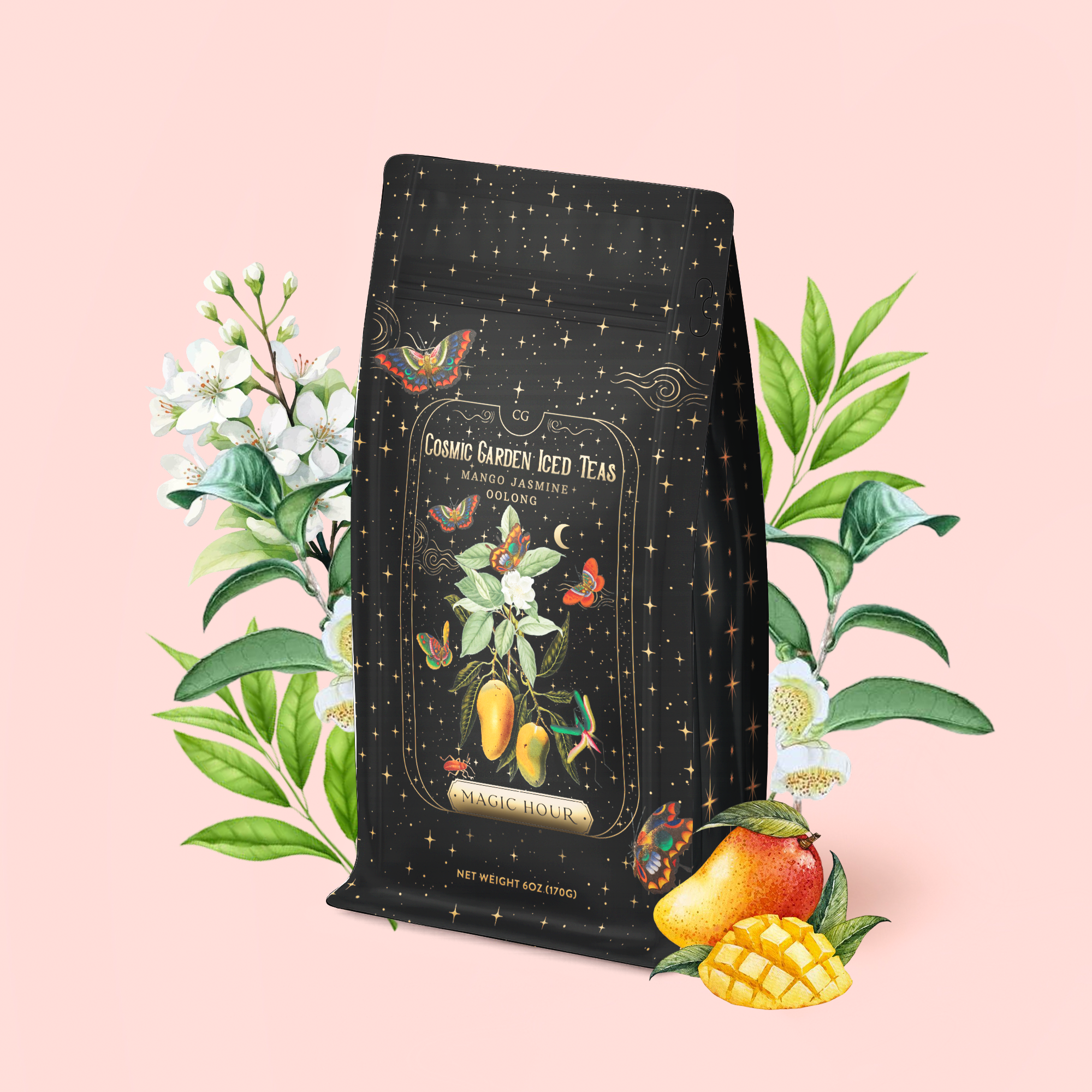 A Mango Jasmine Oolong Iced Tea bag, adorned with floral and butterfly motifs, is artfully displayed amid jasmine blossoms, lush green leaves, and fresh mango slices on a soft pink backdrop. The label reads "Mango Jasmine Oolong Iced Tea." This visually captivating tea offers a refreshing and uplifting mood-enhancing experience.