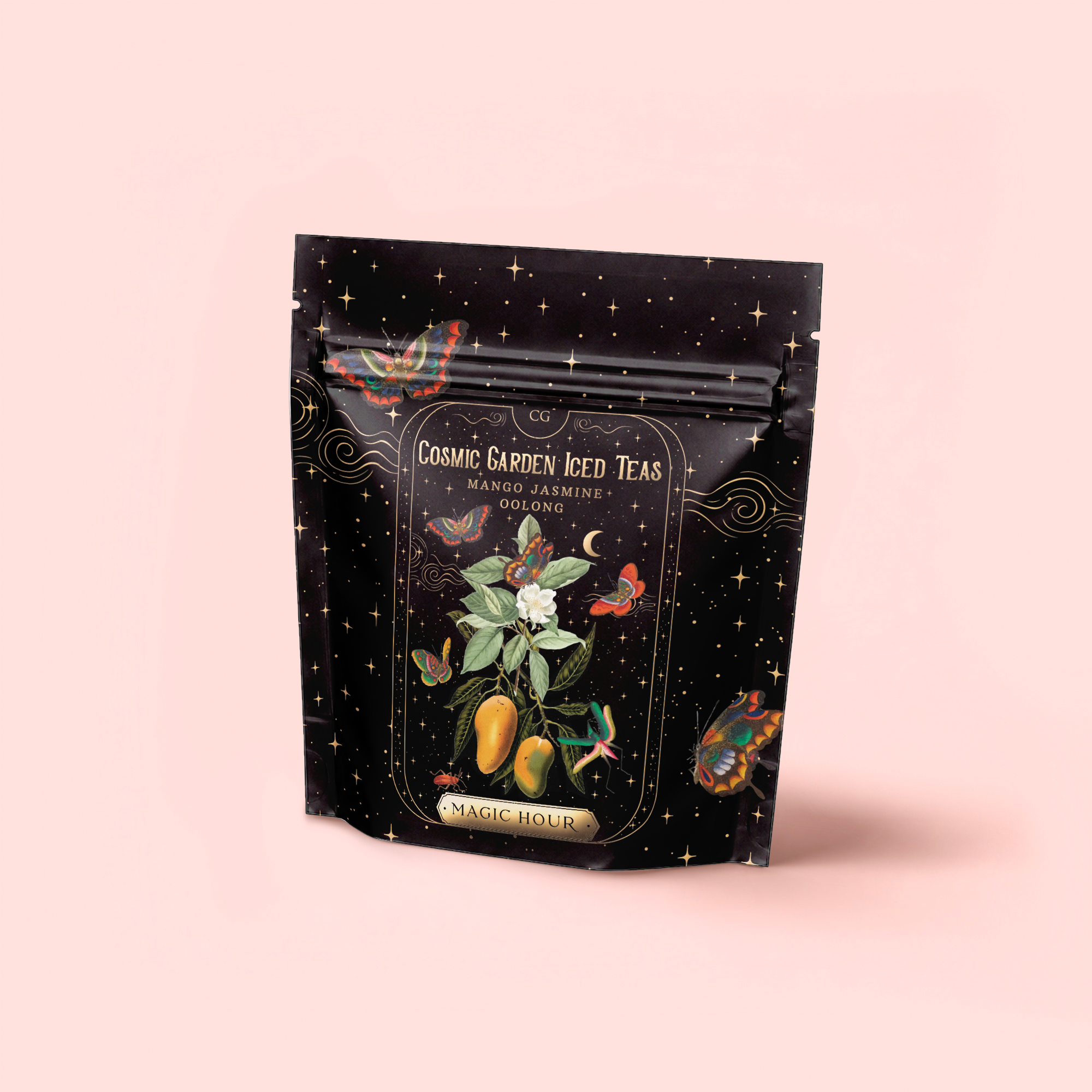 A black resealable bag labeled "Mango Jasmine Oolong Iced Tea" shows mangoes, jasmine flowers, butterflies, and stars on a soft pink background—enjoy this metabolism-boosting blend of mango oolong and jasmine green tea.