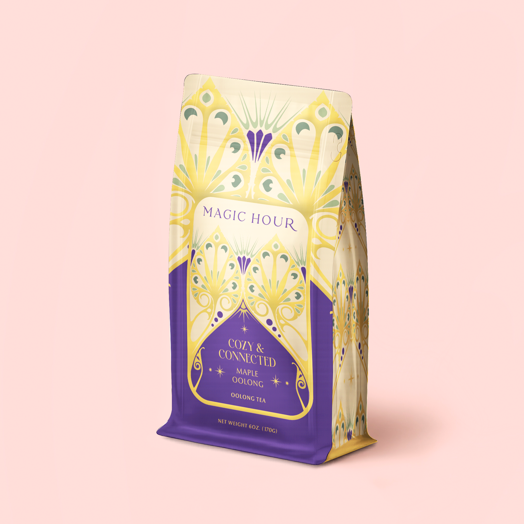 A decorative Maple Oolong Tea Refill Pouch stands upright on a light pink background, showcasing a yellow, purple, and teal art deco design. This energizing tea is an oolong apple blend crafted to delight your senses and support your morning ritual.