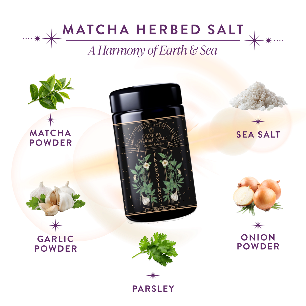 A jar of Matcha Herbed Salt sits center stage, surrounded by illustrations of matcha powder, sea salt, onion powder, parsley, and garlic powder. Text highlights this gourmet blend’s harmonious fusion of earthy matcha and sea salt.