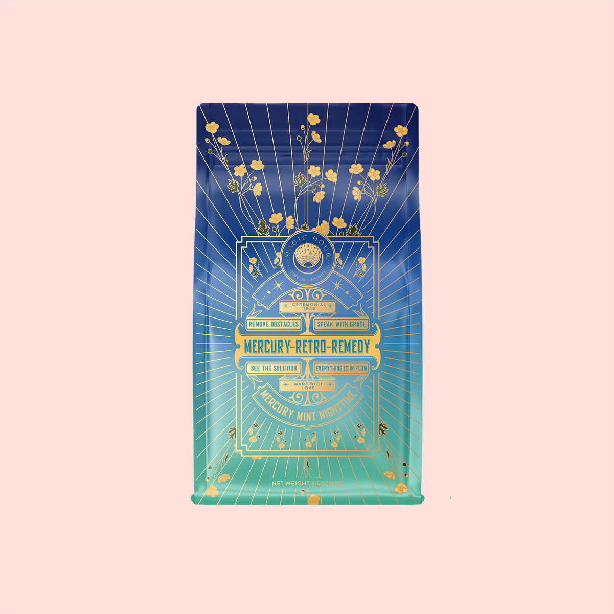 The vibrant "Mercury Mint Nighttime: Vanilla Mint Lavender Jasmine Tea Refill Pouch" features a retro celestial design with text on comfort, revitalization, and mint meditation. Infused with a soothing herbal peppermint blend, it has a blue-to-green gradient background accented with gold.