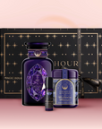 The Mercury Bath & Beauty Box includes a black and purple gem-shaped bottle, aromatherapy bath items, a mini spray vial, gemstone-infused tea, all branded "Magic Hour" in a black and gold gift box.