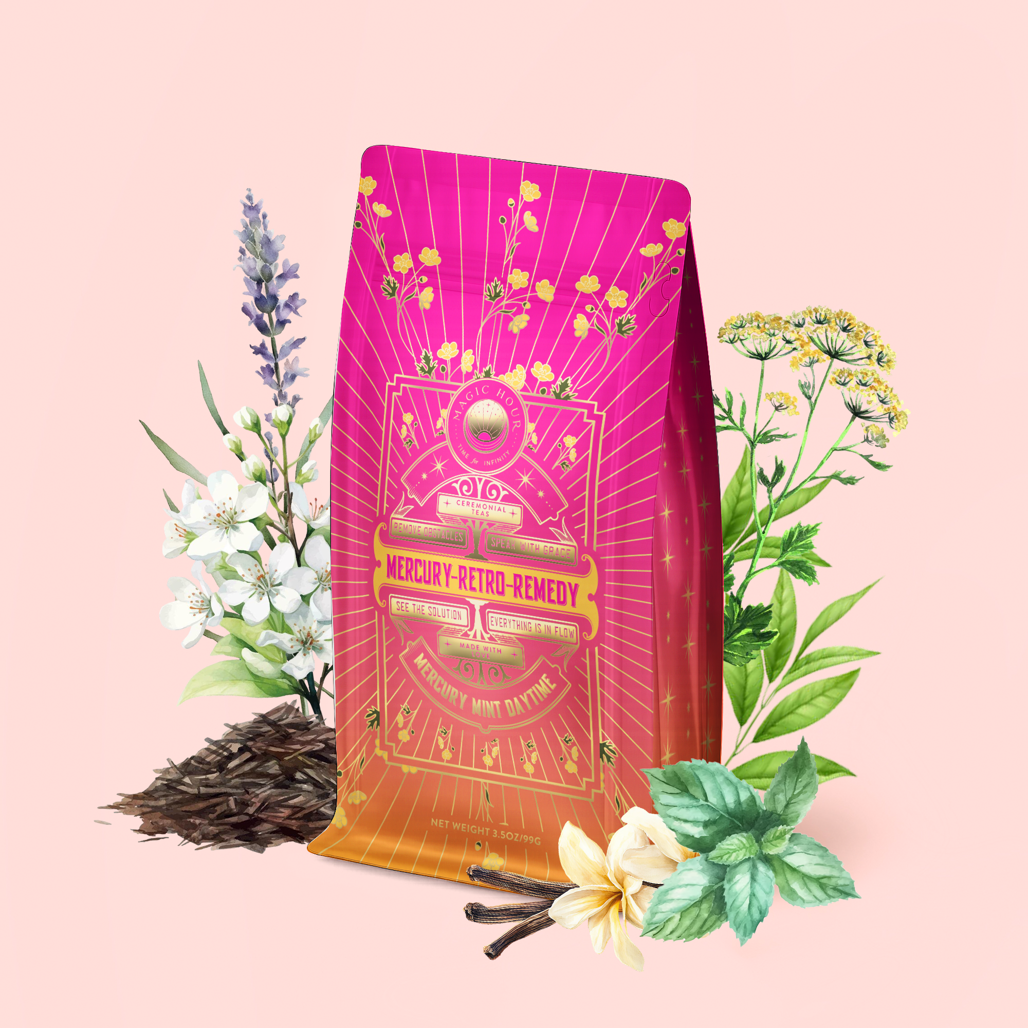 A vibrant tea package labeled "Mercury Mint Daytime : Vanilla Mint Lavender Jasmine Black Tea" is surrounded by herbs such as mint, lavender, vanilla, and chamomile, set against a pale pink background—hinting at a soothing blend inspired by vanilla mint and lavender jasmine flavors.