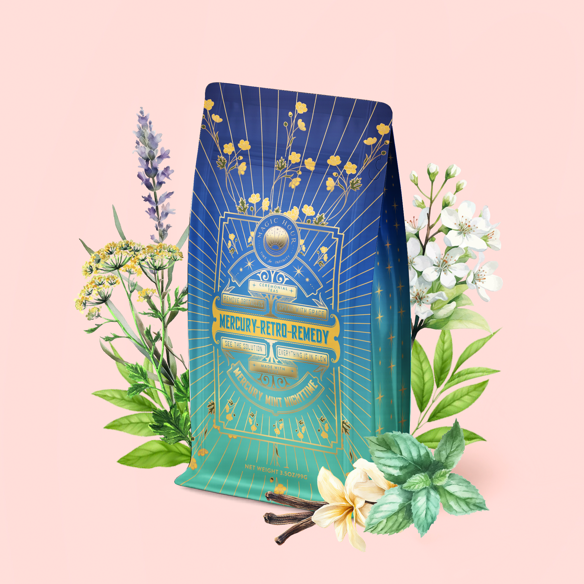 A blue and gold Mercury Mint Nighttime: Vanilla Mint Lavender Jasmine Tea Refill Pouch is surrounded by illustrated herbs, flowers, mint leaves, vanilla, and cloves—perfect for digestion support—all set against a pale pink background. This calming blend is naturally caffeine-free.