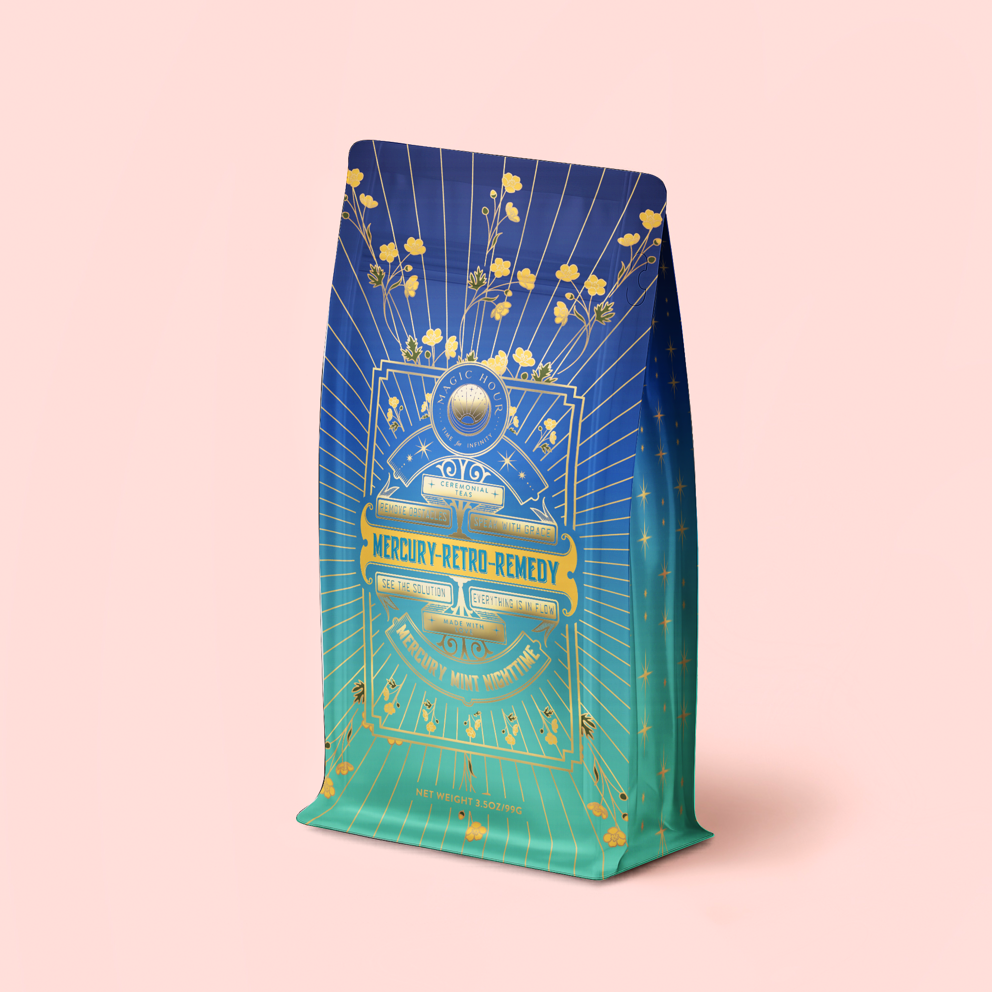 A colorful bag labeled "Mercury Mint Nighttime: Vanilla Mint Lavender Jasmine Tea Refill Pouch" features intricate gold designs, yellow flowers, and celestial motifs on a blue-to-green gradient background, set against a soft pink surface—perfect for anyone seeking soothing nighttime digestion support with this herbal tea blend.