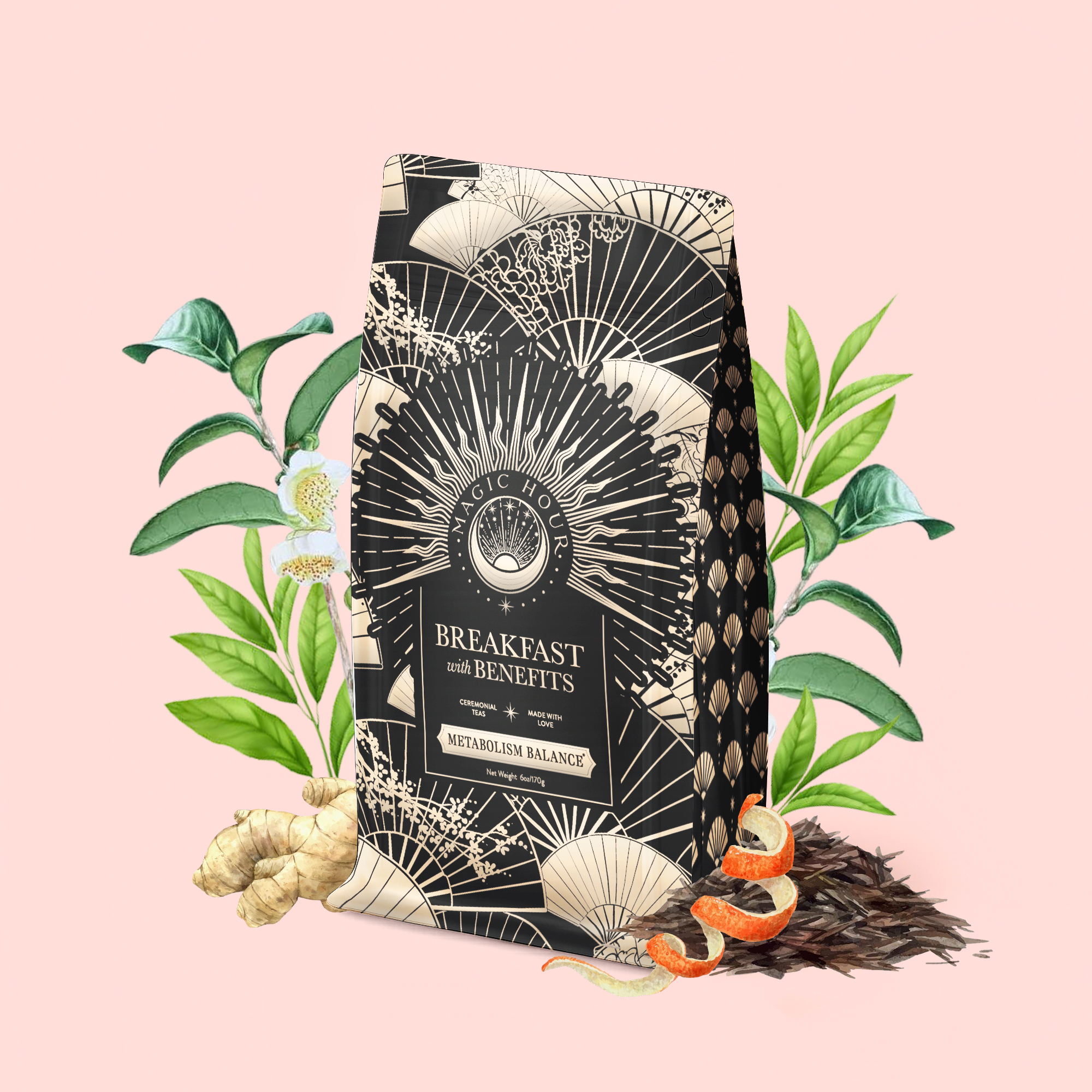 A patterned bag labeled "Metabolism Balance: Breakfast with Benefits" rests among ginger, tea leaves, and leafy greens on a pink background, evoking a natural, health-focused metabolism tea inspired by adaptogen ingredients.