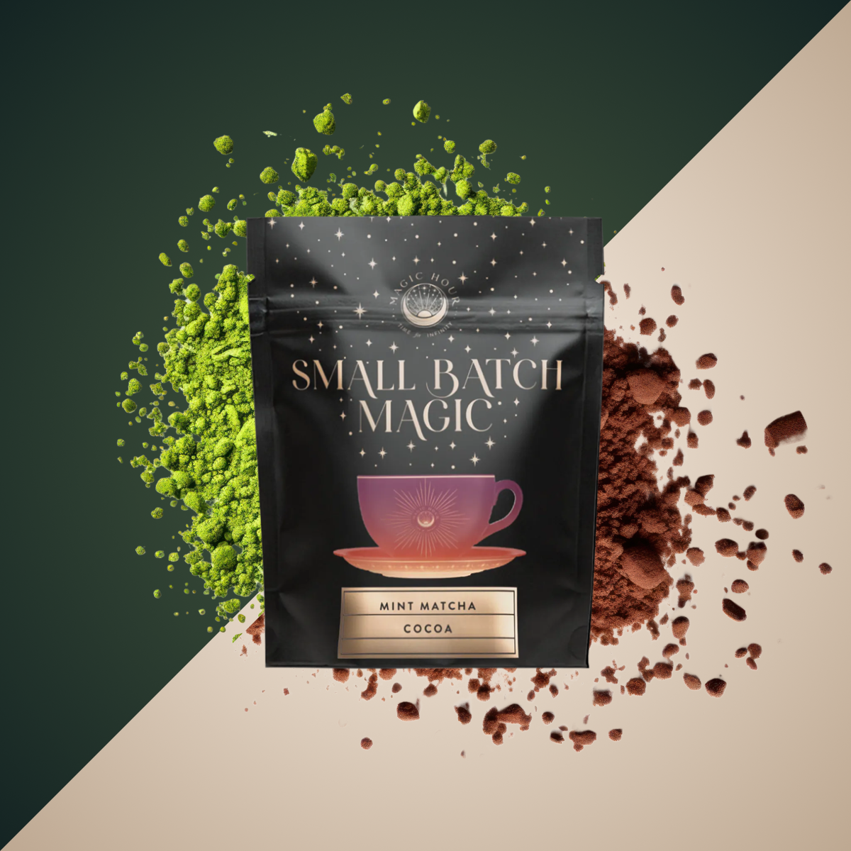 A black "Small Batch Magic" cocoa package labeled "Mint Matcha Cocoa," with a purple teacup design, sits atop scattered green matcha and brown cocoa powder on a two-tone background.