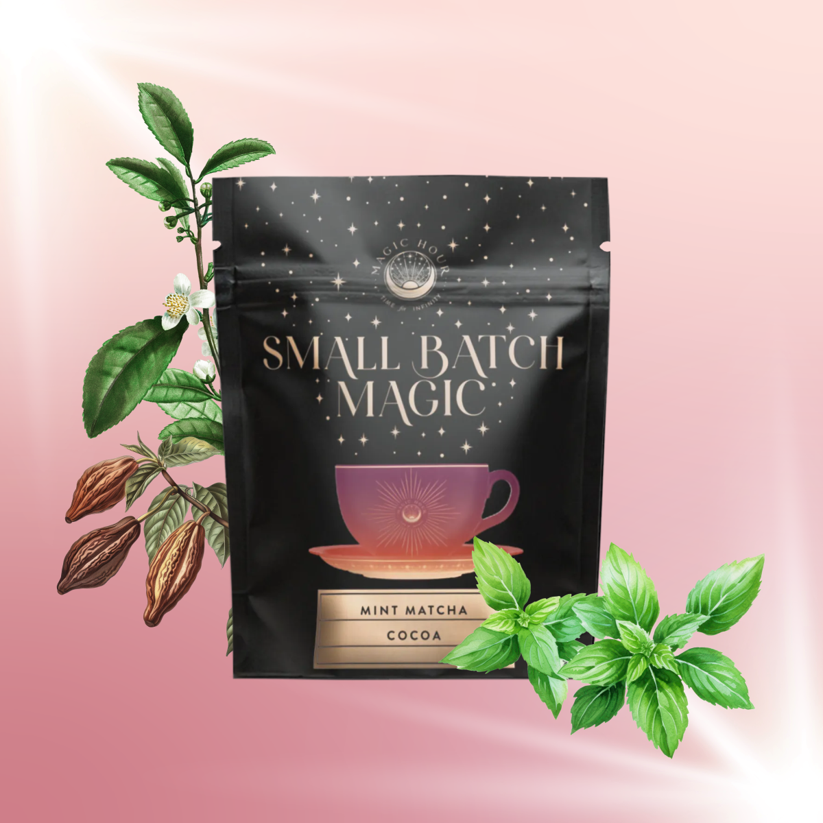 A bag labeled "Small Batch Magic" with "Mint Matcha Cocoa" sits centered on a pink gradient background, surrounded by illustrated cocoa pods, mint leaves, and blooming branches—capturing the spirit of Mint Matcha Cocoa.