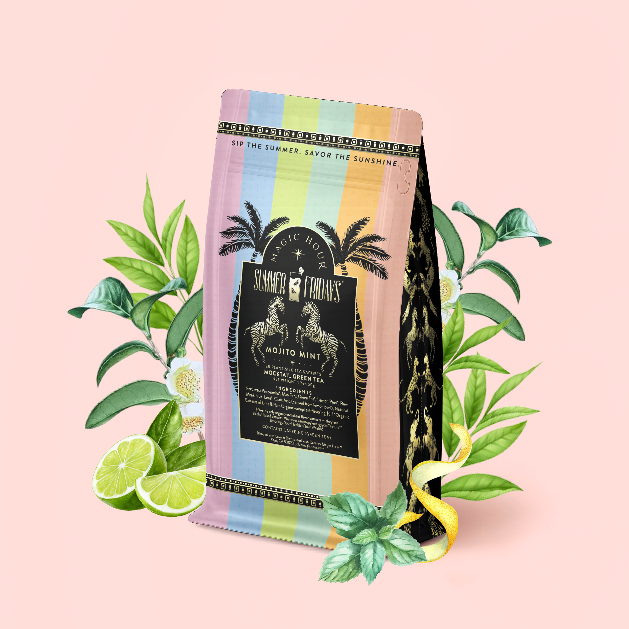 A pastel-striped coffee bag labeled "Mojito Mint: Green Mint Mocktail Tea for Bright Moods &amp; Celebrating Clarity" stands surrounded by mint leaves, lime slices, and a yellow snake on a light pink background, evoking the fresh flavors of a zero-proof cocktail or an invigorating Mojito Mint Green Tea.