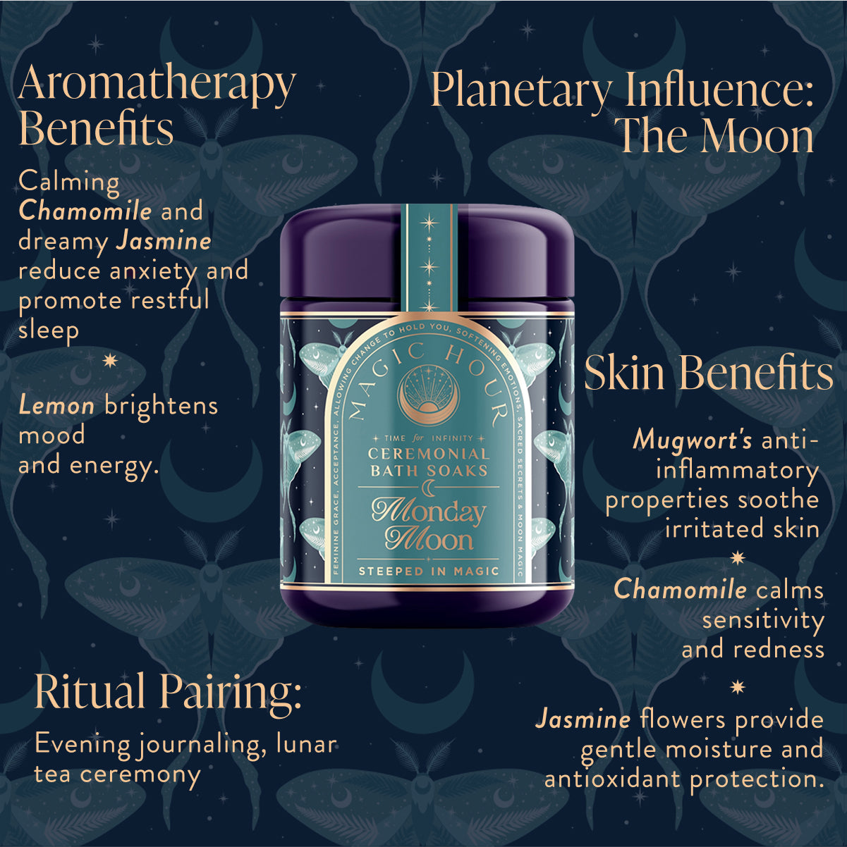 Ceremonial Bath Soaks invite cosmic connections through aromatherapy and lunar influences. Immerse yourself as celestial and floral motifs enhance skin benefits, unveiling the planetary soaks under a dark, starry backdrop.