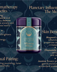 Ceremonial Bath Soaks invite cosmic connections through aromatherapy and lunar influences. Immerse yourself as celestial and floral motifs enhance skin benefits, unveiling the planetary soaks under a dark, starry backdrop.