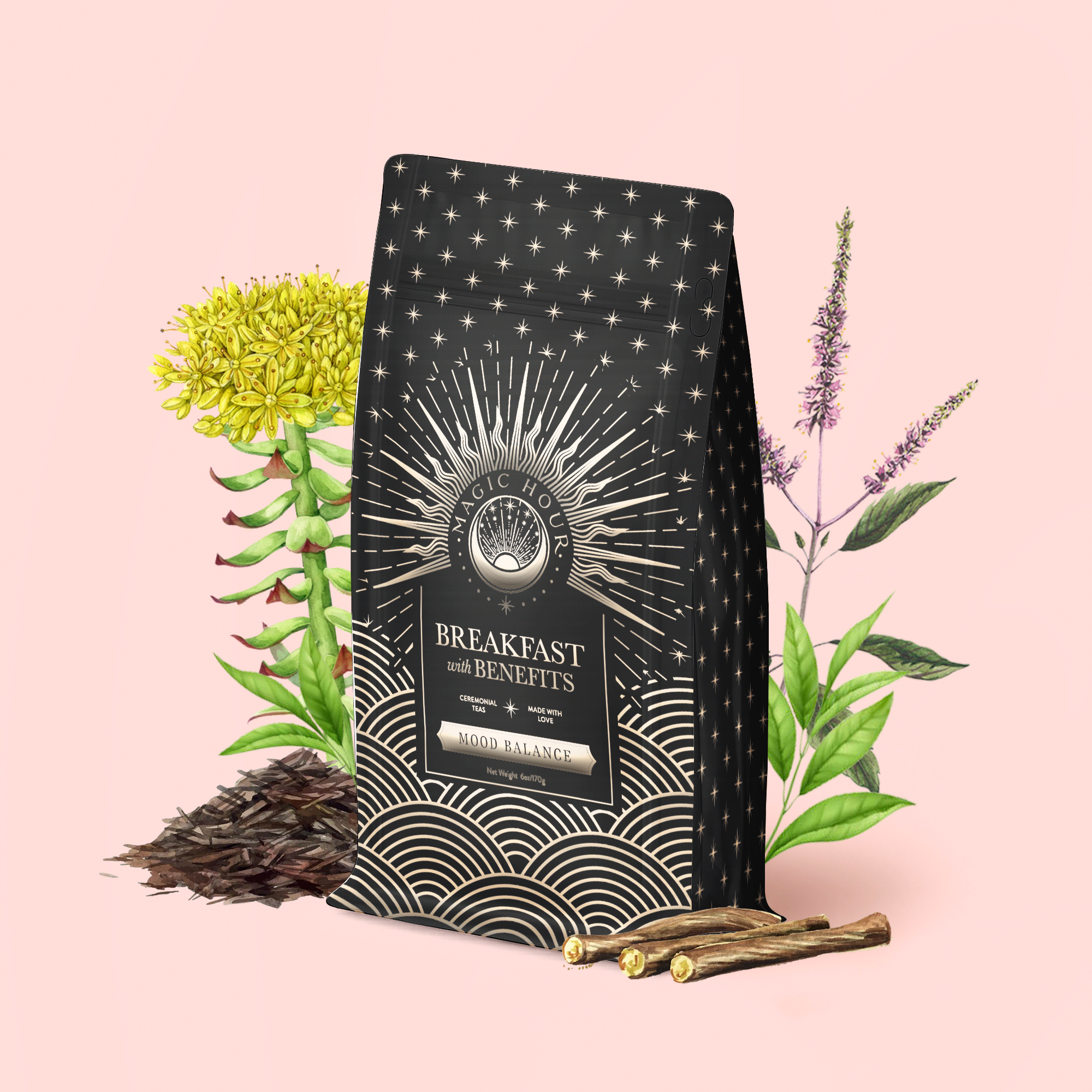 A black coffee bag labeled "Mood Balance: Breakfast with Benefits" stands among herbs and roots—featuring yellow, purple, and green plants—to evoke the nourishing qualities of an Ashwagandha or Lion's Mane tea blend, set against a pale pink background.