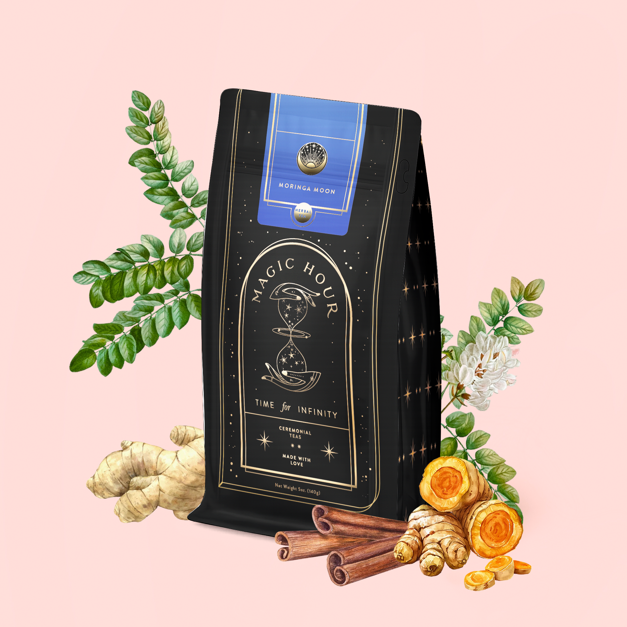 A black and gold tea bag labeled "Magic Hour" with an hourglass design and a blue "Moringa Moon" seal sits among ginger root, cinnamon sticks, turmeric, and green leaves, highlighting Moringa Moon Herbal Tea, a caffeine-free blend.