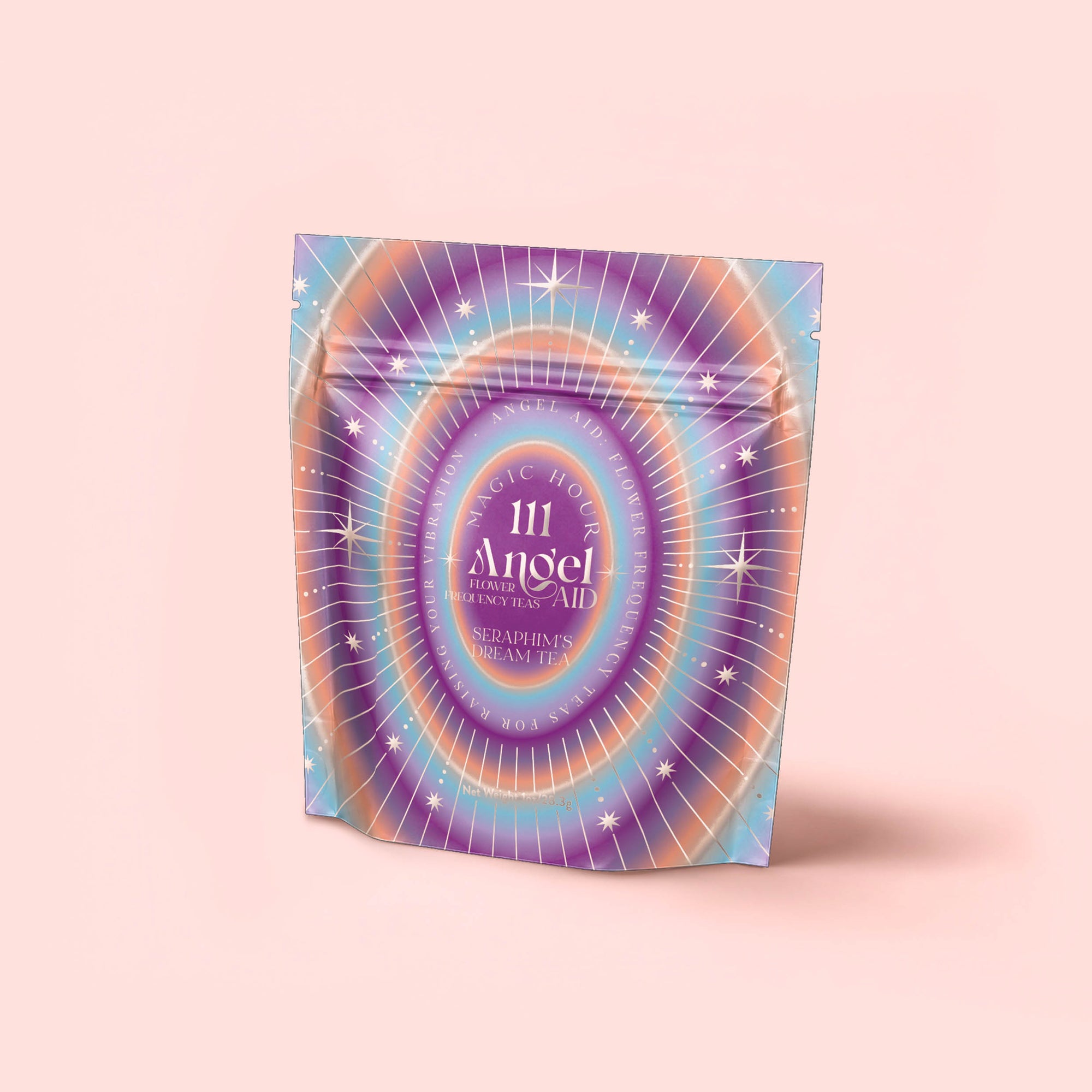 A vibrant, iridescent pouch labeled "111: Lavender-Jasmine-Pineapple Herbal Tea with Blue Lotus" rests on a pastel pink background. The packaging features gradient purple, blue, and gold concentric circles and stars for crown chakra activation.