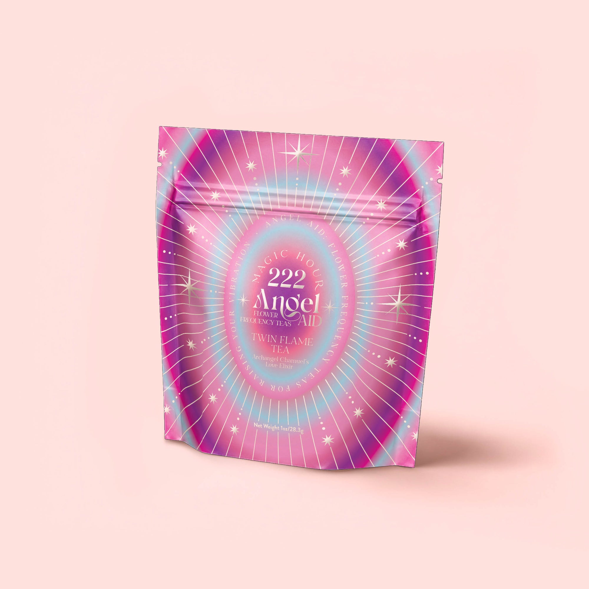 A pink and purple resealable pouch labeled "222: Hibiscus-Papaya Oolong with Roses" with star and ray designs stands upright on a light pink background, its celestial-themed packaging hinting at a soothing rose-infused blend.