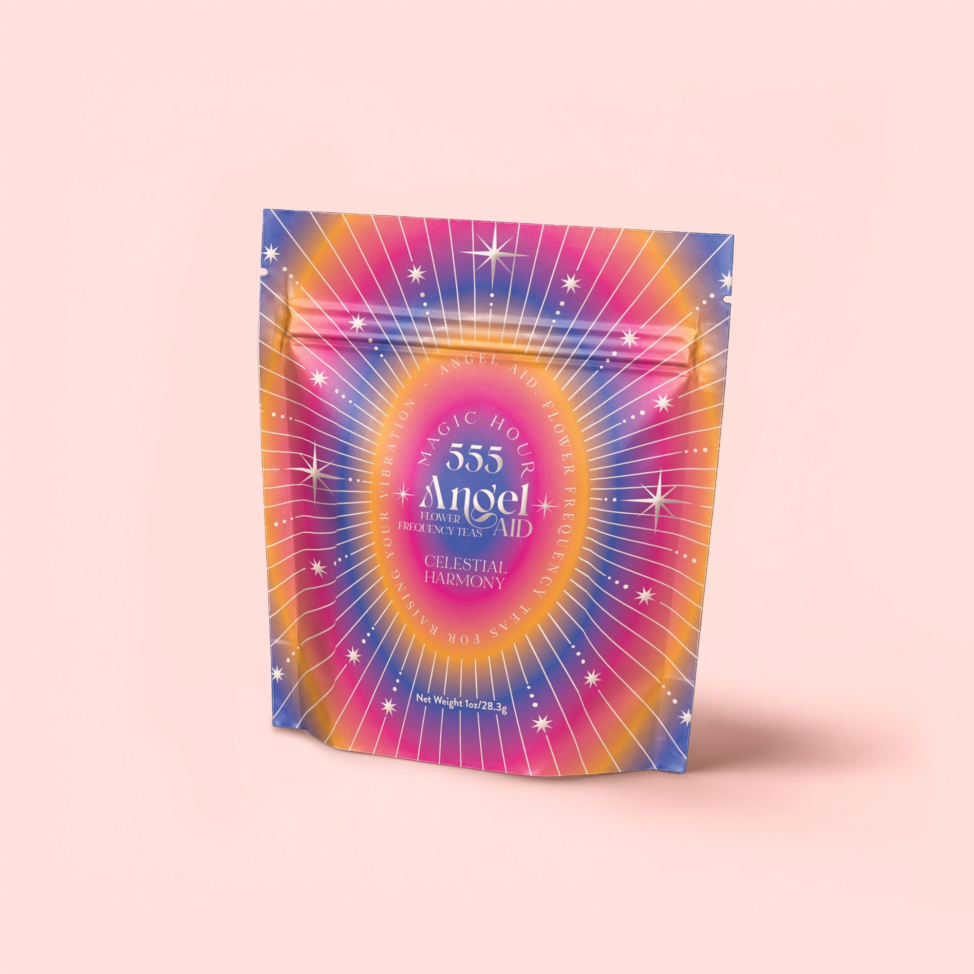 A light pink, starry rainbow pouch labeled "555: Celestial Harmony: Papaya-Mango-Rose Tea with Ashwagandha," featuring "MAGIC HOUR" and "FOR WEIGHT LOSS AID"—perfect for herbal blends that support stress relief.