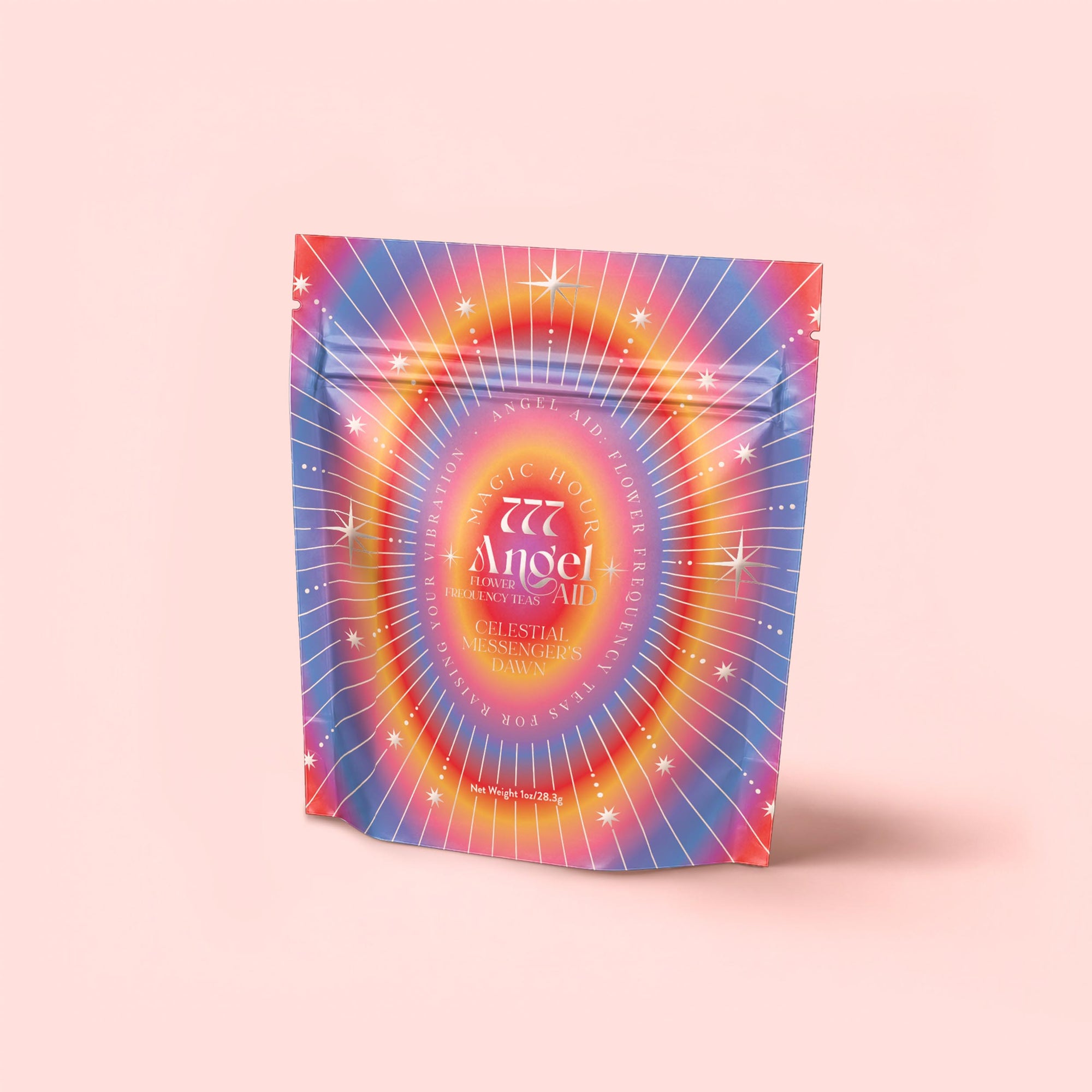 A vibrant, holographic pouch with radiant lines and stars on pink reads "777: Celestial Messengers Dawn Pineapple Passionfruit Green Tea," blending tropical flavors for a spiritually uplifting experience.