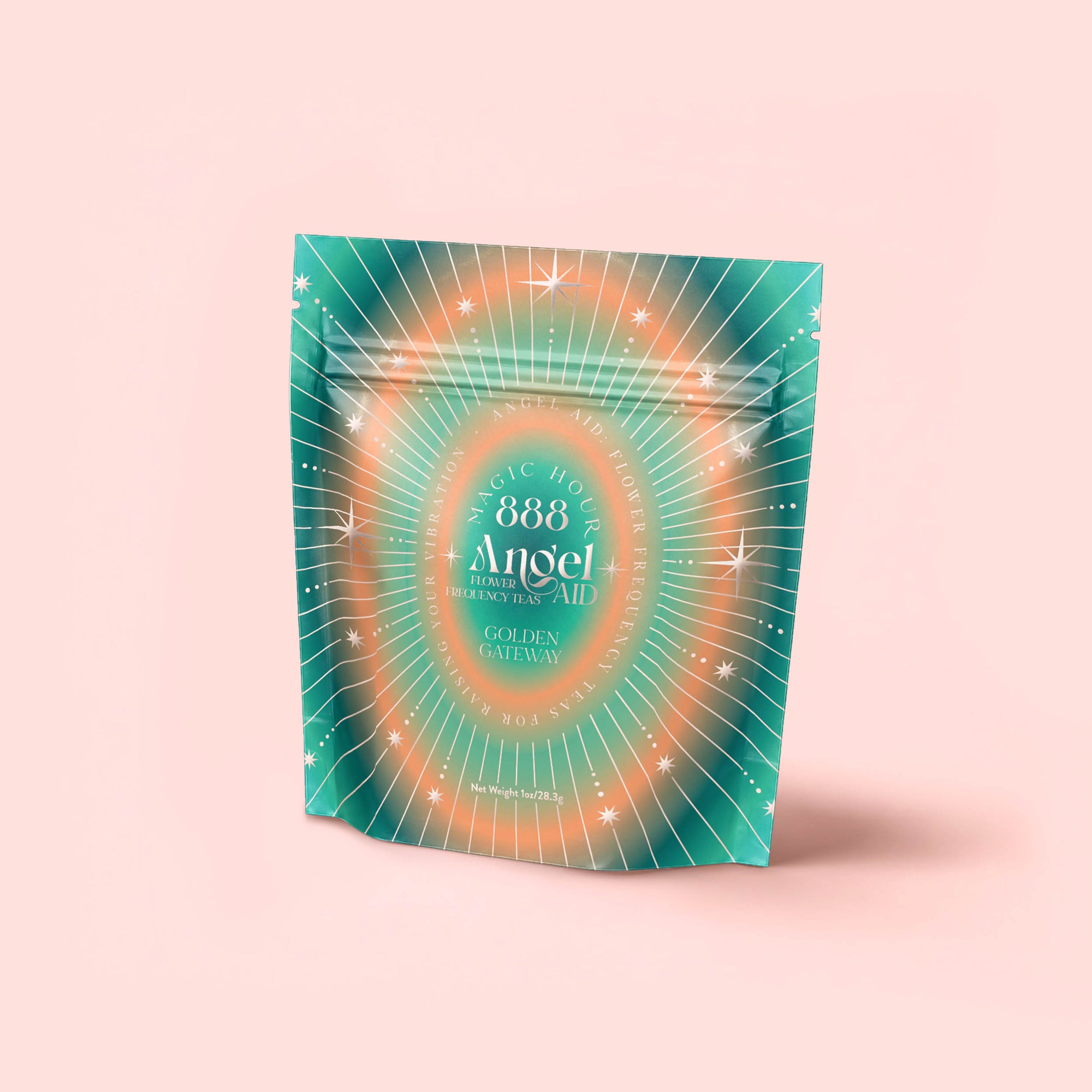 A teal and orange resealable pouch labeled "888: Lemon-Jasmine-Vanilla Herbal Tea" features radiating white lines and small stars, standing upright on a pale pink background.