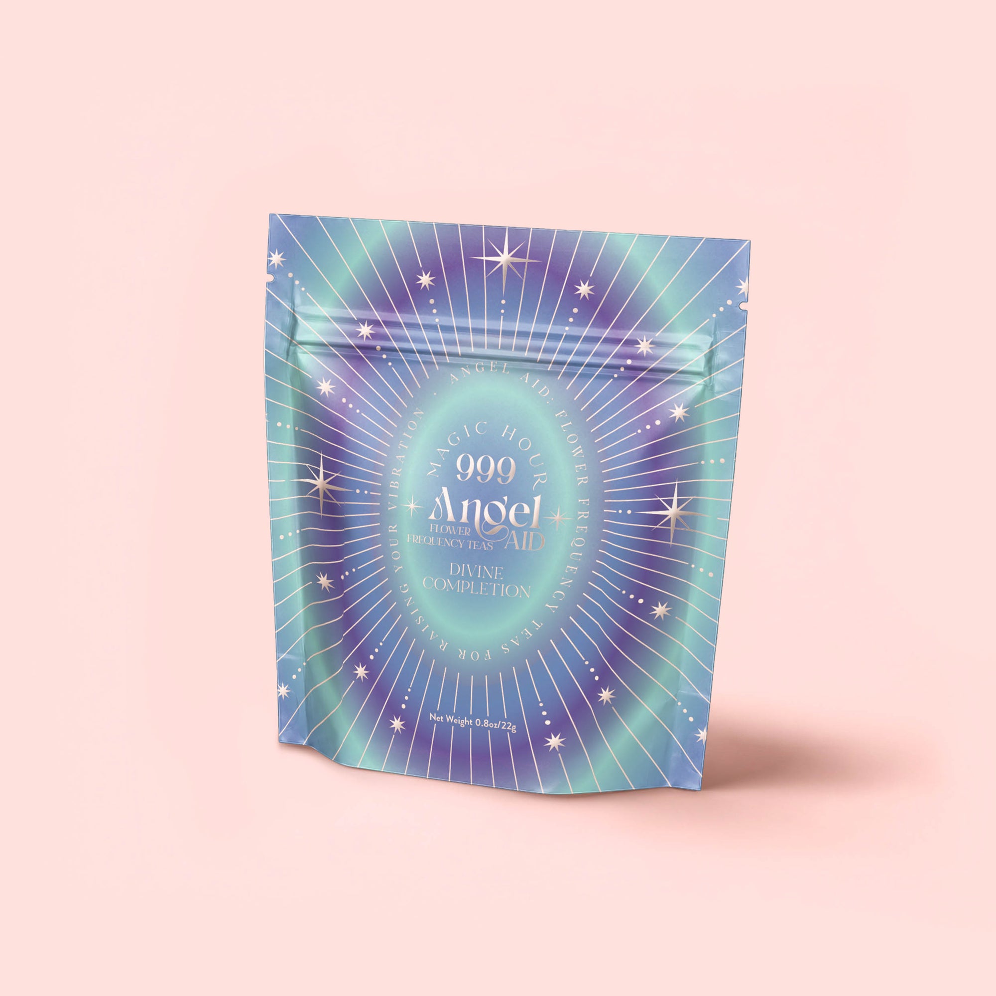 A pastel pink, iridescent resealable pouch labeled "999: Adaptogenic Pineapple-Mint-Jasmine Herbal Tea" features starburst and star designs, offering herbal support for peaceful sleep and spiritual completion.