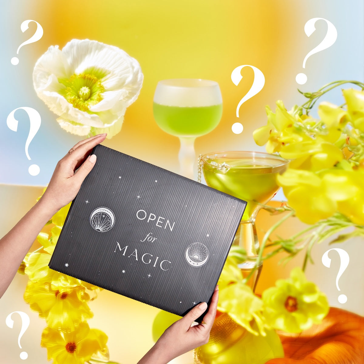 Hands holding a "New Year New You Mystery Box" are surrounded by yellow flowers, a white flower, two green cocktails, and question marks on a bright, colorful background.