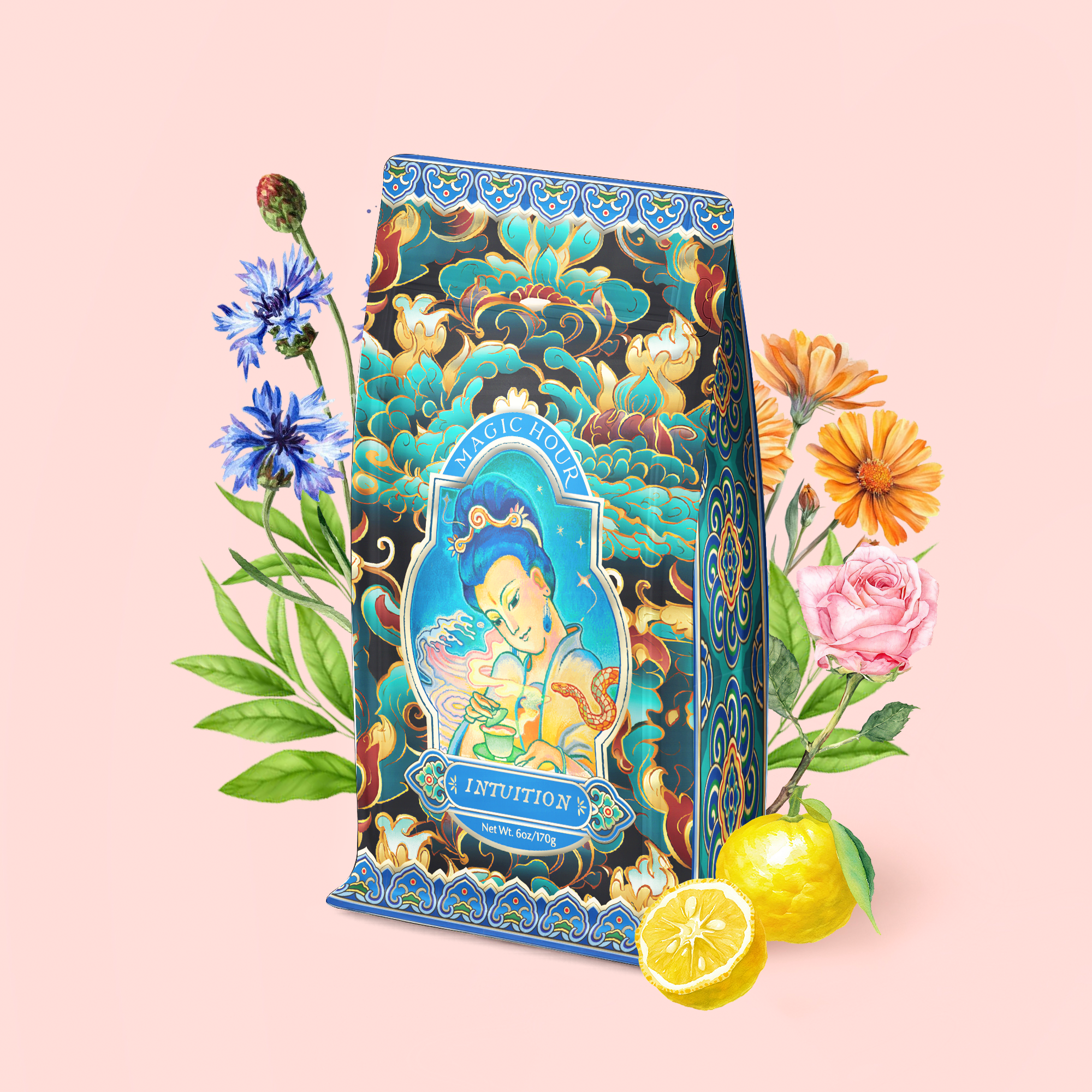 A vibrant package of Nuwa Goddess of Creation Tea for Intuition: Dragon Yuzu Oolong, adorned with ornate designs and a meditative figure amid flowers and lemons on a soft pink background, captures the tranquil spirit of Japanese yuzu tea.