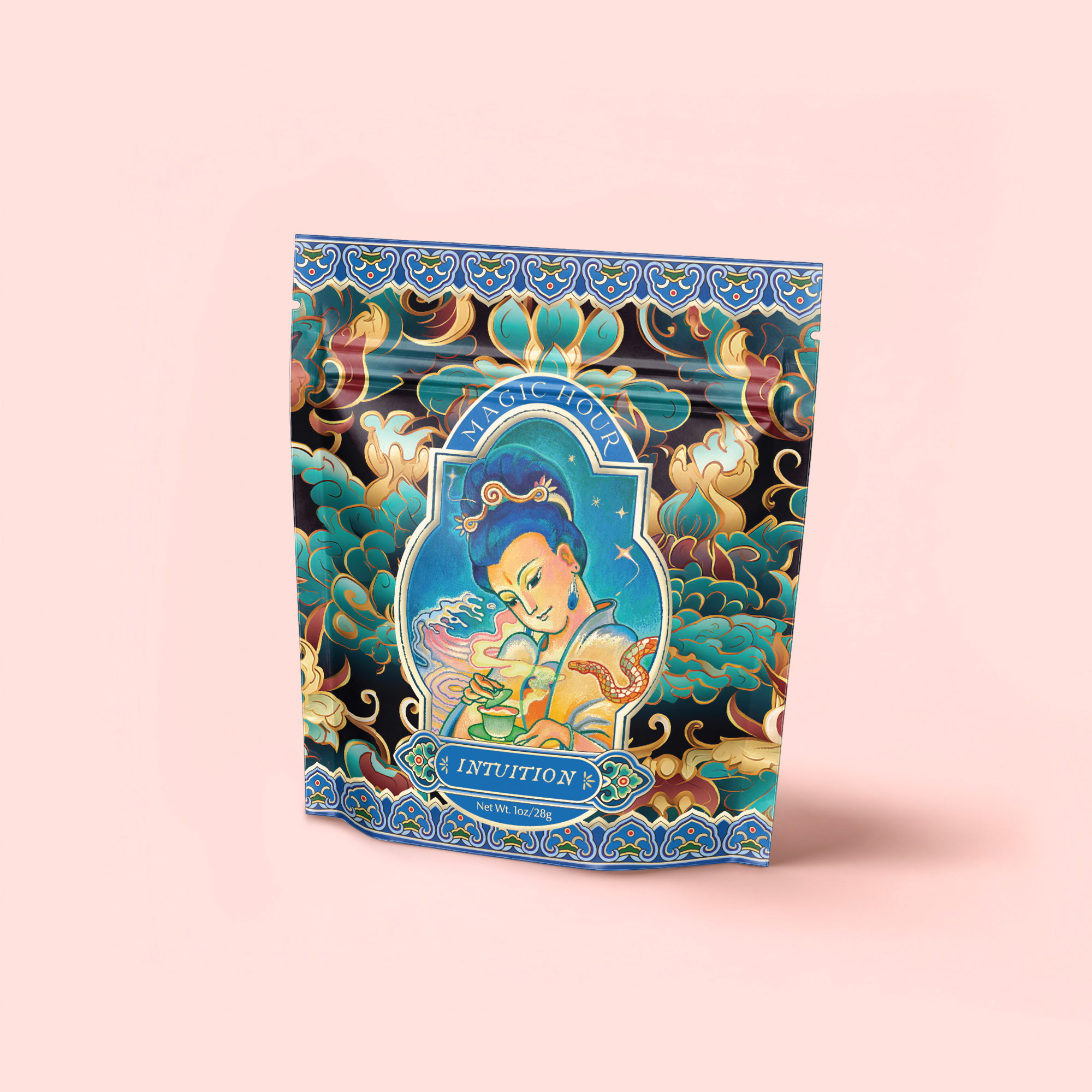 A colorful tea package labeled "Nuwa Goddess of Creation Tea for Intuition: Dragon Yuzu Oolong" features ornate artwork of a serene figure holding tea, surrounded by floral and cloud motifs on a pastel pink background.