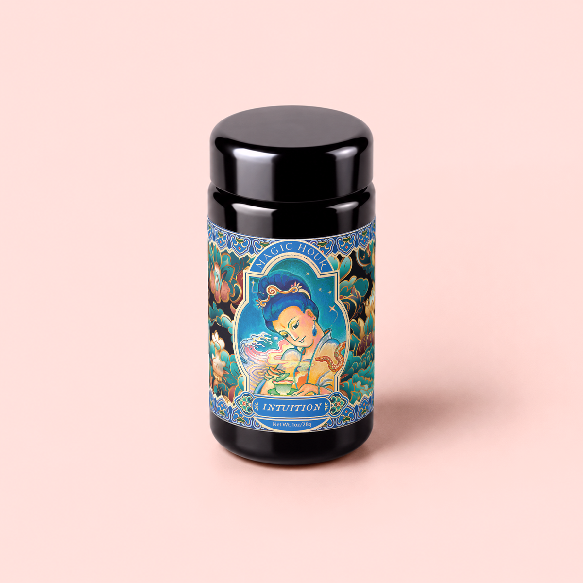 A black jar adorned with a colorful, whimsical label featuring a fairy and flowers, with “Nuwa Goddess of Creation Tea for Intuition: Dragon Yuzu Oolong” in green at the bottom, set against a pale pink background. Inspired by the delicate aroma of Japanese Yuzu essential oil, this enchanting design evokes a sense of magic and tranquility.