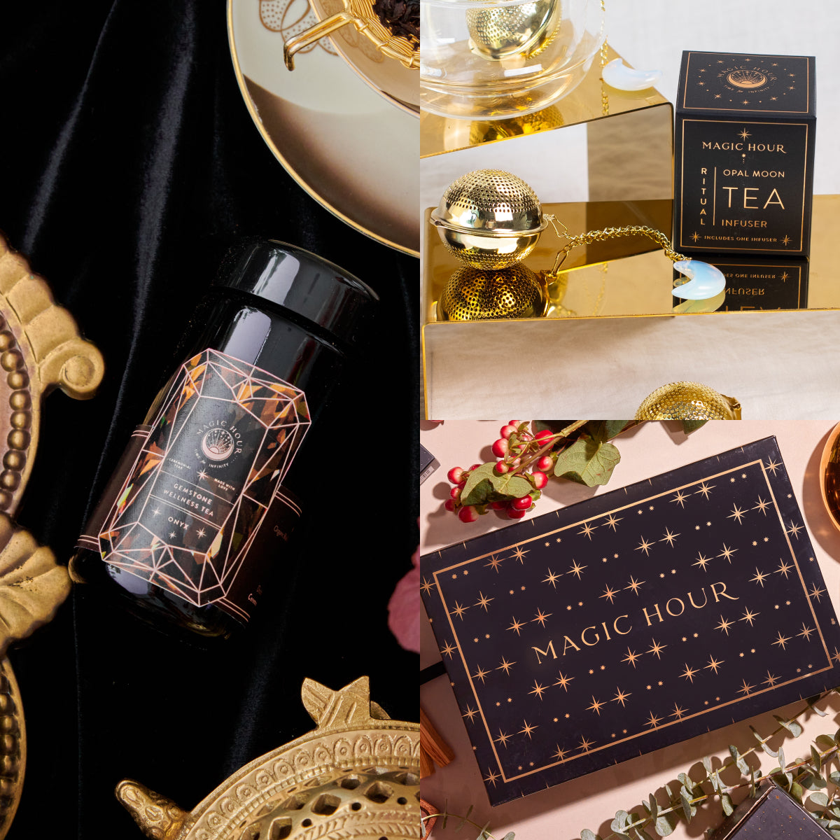 A luxurious display of Magic Hour tea products includes the Black Onyx December Birthstone Mini Gift Set, featuring a black tea container adorned with gold geometric designs. The set is complemented by a beautifully labeled "Magic Hour" tea box and a gold tea infuser, all elegantly arranged on mirrored surfaces that exude grounding energy against decorative backgrounds.