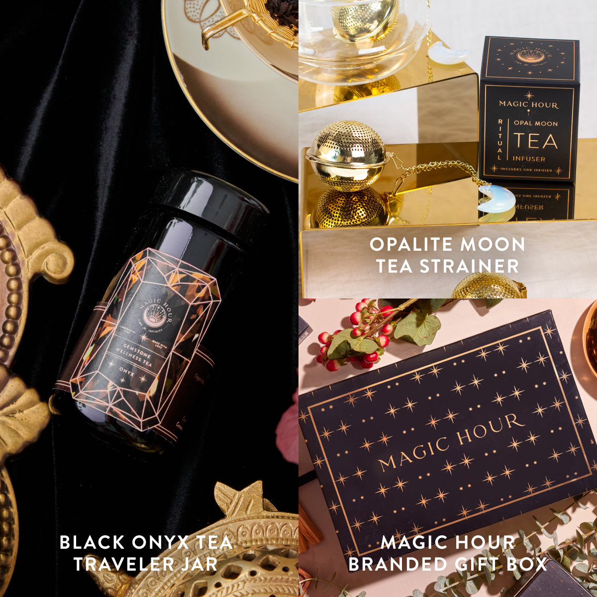 A promotional image highlighting the Black Onyx December Birthstone Mini Gift Set, featuring three tea-related treasures: a Black Onyx Tea Traveler Jar, an Opalite Moon Tea Strainer, and a Magic Hour Branded Gift Box. These items exude grounding energy against a luxurious gold and black backdrop with decorative elements.