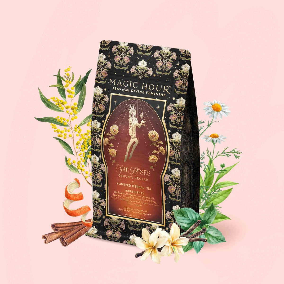 A floral-patterned bag of Oshun’s Nectar: Honeyed Herbal Tea for Joy & Radiance stands surrounded by illustrated herbs, flowers, vanilla, and cinnamon on a pink background. The label reads “Oshun’s Nectar” and features a fairy-like figure.