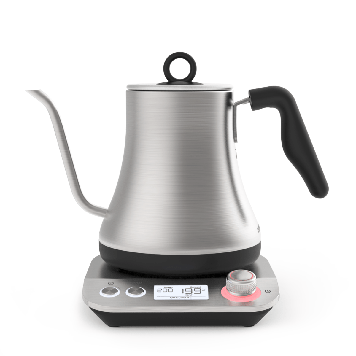 The Magic Hour Starter Kit by Magic Hour features a stainless steel electric kettle with a gooseneck spout that sits on a digital base—perfect for your tea ceremony. The base includes an LED display showing the temperature and various settings, with an adjustable knob and buttons for control. The kettle is designed with a black handle and has a lid equipped with a circular handle.
