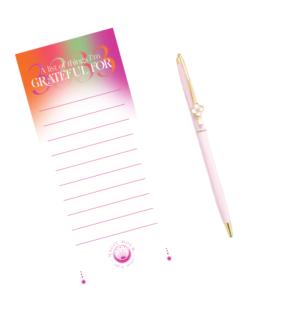 The Tea Ceremony Starter Set includes a colorful &quot;A list of things I&#39;m grateful for&quot; notepad with blank lines, a pink pen with gold accents and floral detail, and astrology-themed tea accessories, all displayed on a clean white background.