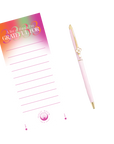 The Tea Ceremony Starter Set includes a colorful "A list of things I'm grateful for" notepad with blank lines, a pink pen with gold accents and floral detail, and astrology-themed tea accessories, all displayed on a clean white background.