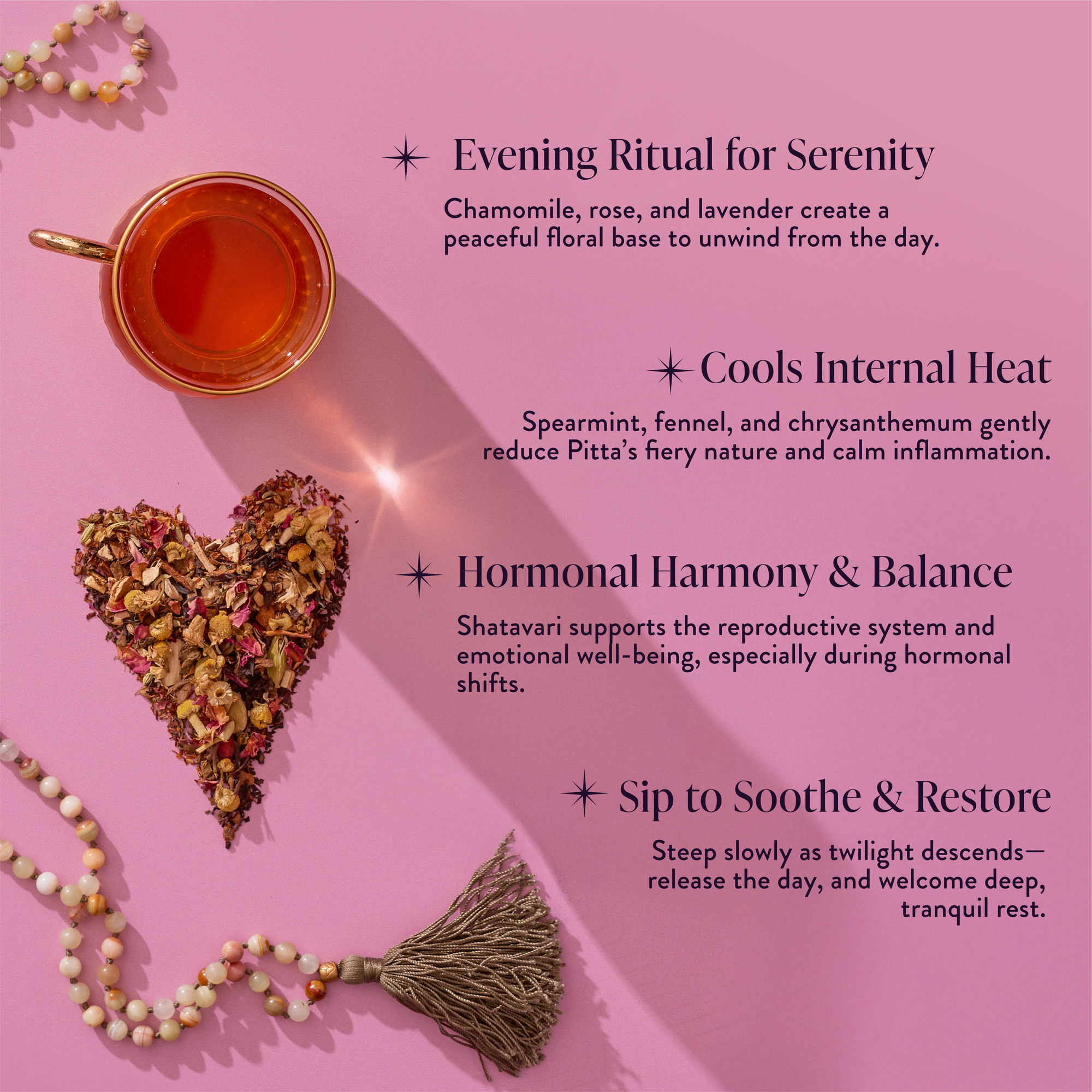 A cup of Pitta: Caffeine-Free Saffron Tea for Balancing Body, Mind & Emotions rests on a pink surface beside a heart of dried herbs and flowers with a golden tassel. Four Ayurvedic tea wellness benefits are listed stylishly nearby.