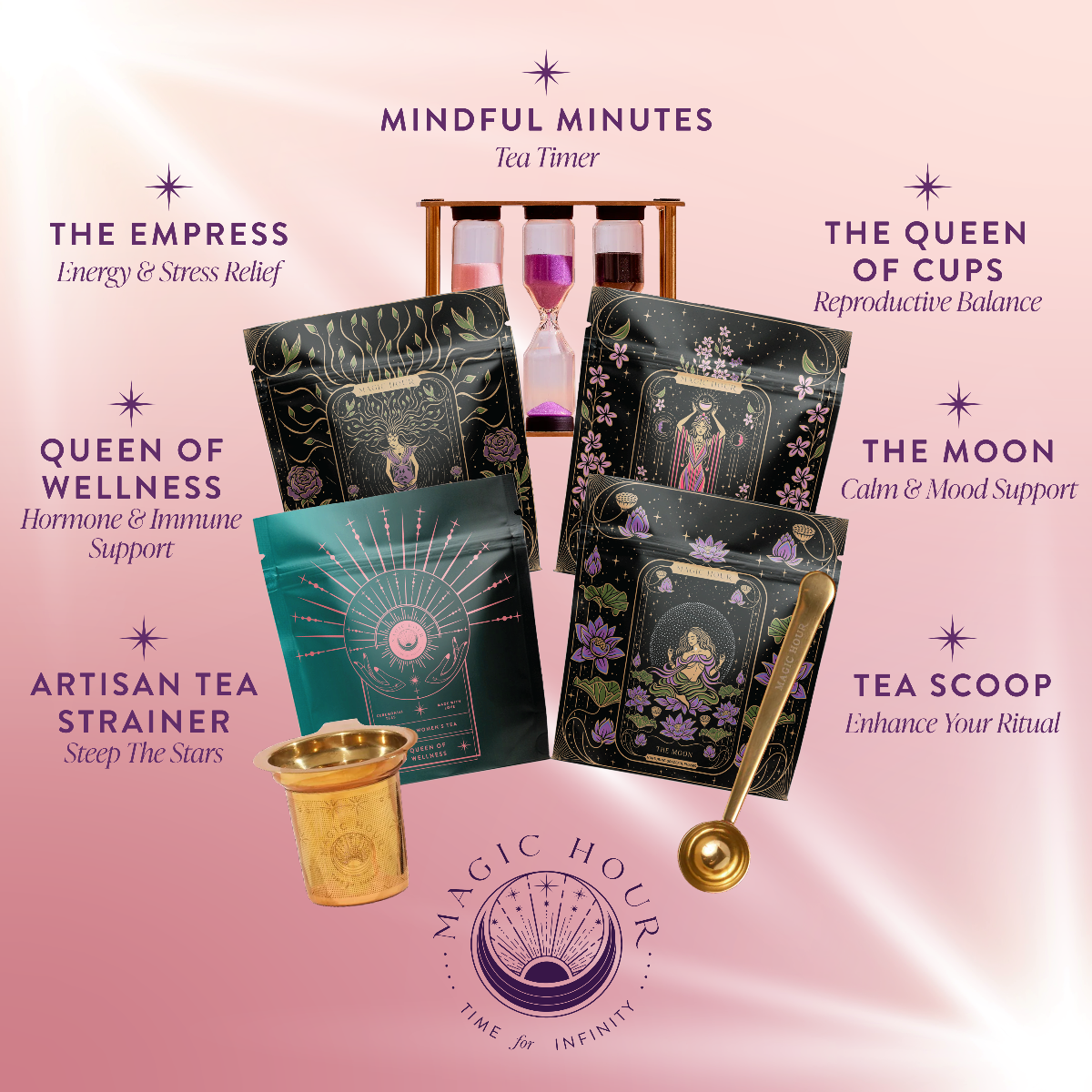 Tea packaging set with tea timer, strainer, and scoop on a pink background with 'Magic Hour' branding.