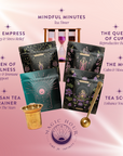 Tea packaging set with tea timer, strainer, and scoop on a pink background with 'Magic Hour' branding.