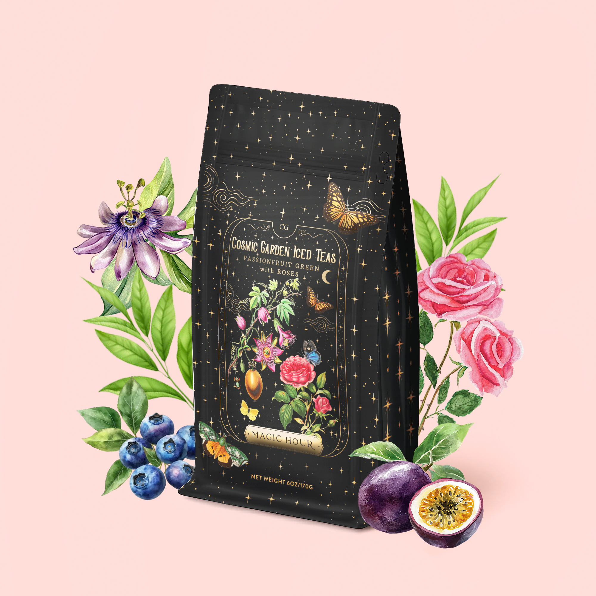 A black tea package labeled "Passionfruit Green with Roses Iced Tea" is surrounded by illustrated roses, blueberries, organic rose petals, passionfruit, green leaves, and golden sparkles—evoking the refreshing blend of Passionfruit green tea—against a pale pink background.