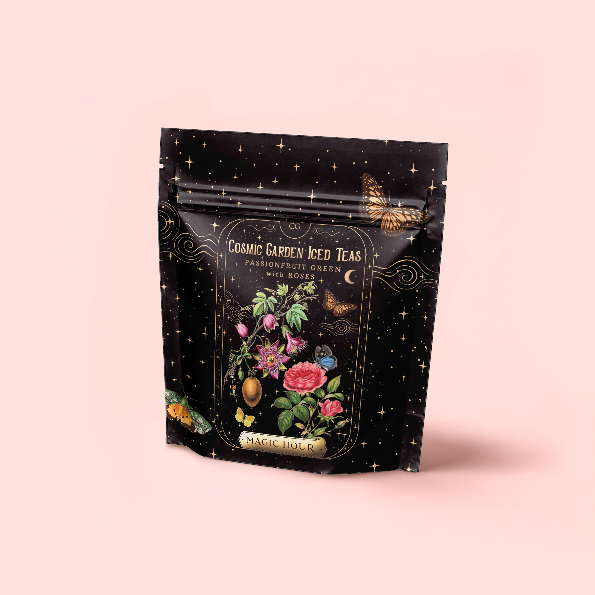 The "Passionfruit Green with Roses Iced Tea" package displays vibrant flowers, fruit, a butterfly, gold stars, and celestial motifs on a light pink background for an uplifting mood.