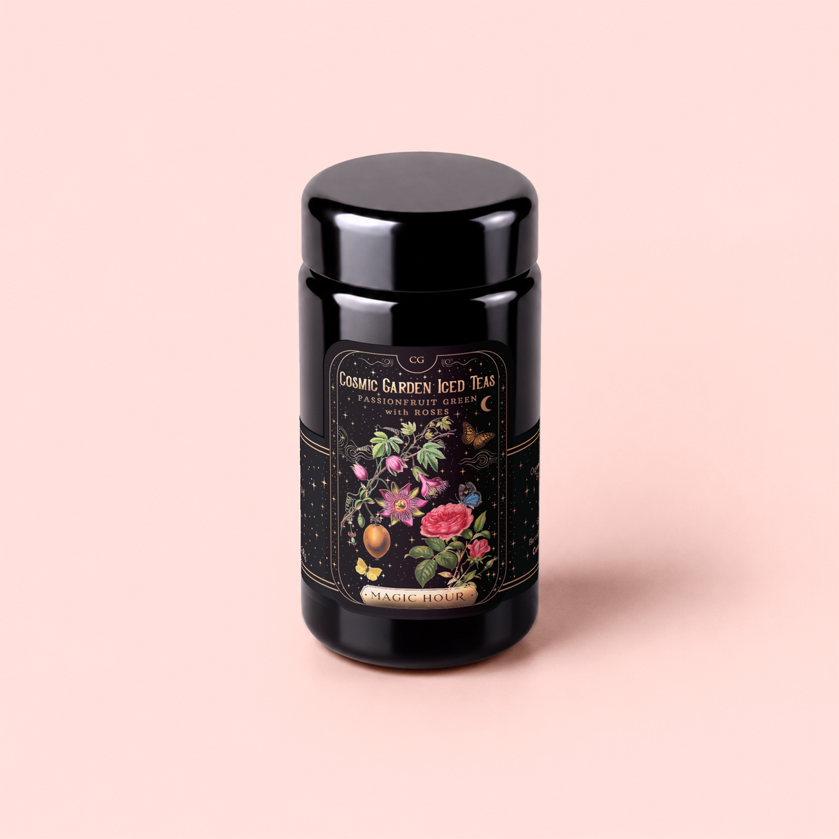 A black tea canister labeled “Passionfruit Green with Roses Iced Tea,” featuring colorful floral and fruit illustrations, set against a light pink background—perfect for enjoying a refreshing, metabolism boosting passionfruit green tea.