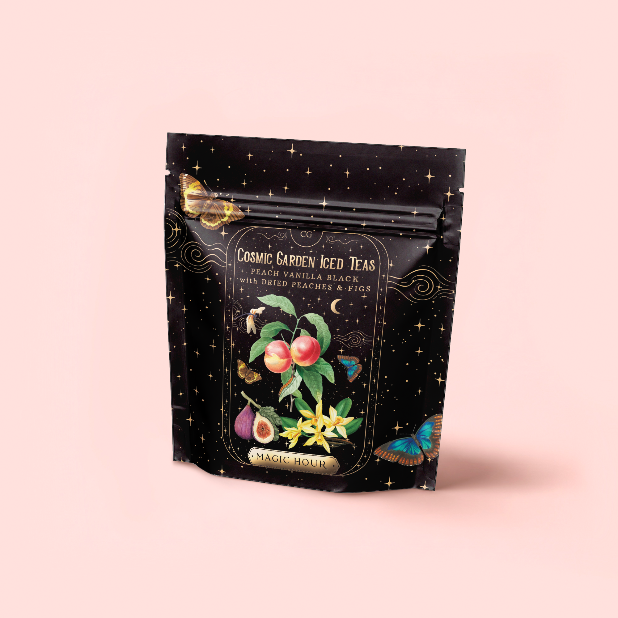 A black resealable bag of Peach Vanilla Black Iced Tea with Figs, blending peach, vanilla, black tea, dried peaches, and figs. The light pink packaging features floral and fruit artwork with a butterfly and starry accents.