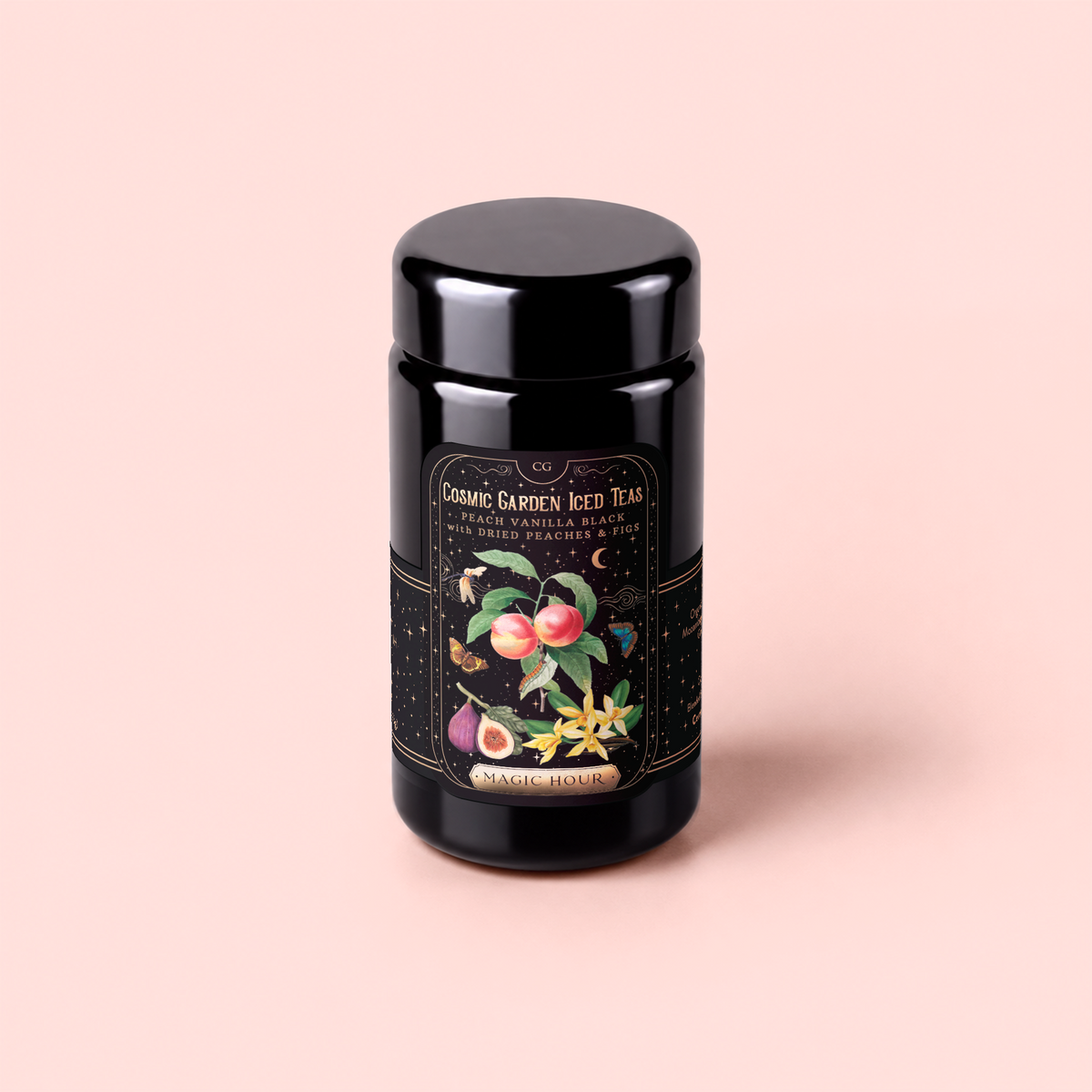 A black tea canister labeled “Cosmic Garden Iced Teas, Peach Vanilla Black Iced Tea with Figs,” adorned with colorful fruit and flower illustrations, sits on a pale pink surface—perfect for those seeking a touch of Peaches &amp; Cream tea delight or a flavorful digestive wellness tea.