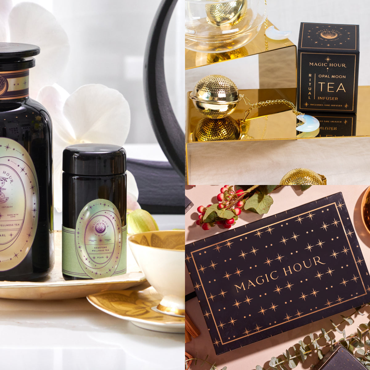 Collage showcasing high-end tea products. On the left: Dark bottles and jars adorned with celestial labels. Top right: A gold tea infuser next to a Pearl June Birthstone Mini Gift Set box. Bottom right: A black and gold "Magic Hour" tea box, surrounded by soothing botanicals, flowers, and fabric.