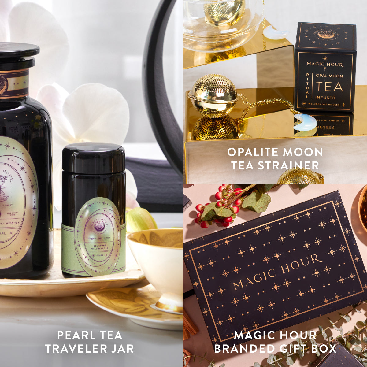 The image showcases the Pearl June Birthstone Mini Gift Set, elegantly arranged on a table with flowers and teacups. These items capture the essence of calming botanicals.