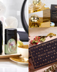 Collage showcasing high-end tea products. On the left: Dark bottles and jars adorned with celestial labels. Top right: A gold tea infuser next to a Pearl June Birthstone Mini Gift Set box. Bottom right: A black and gold "Magic Hour" tea box, surrounded by soothing botanicals, flowers, and fabric.