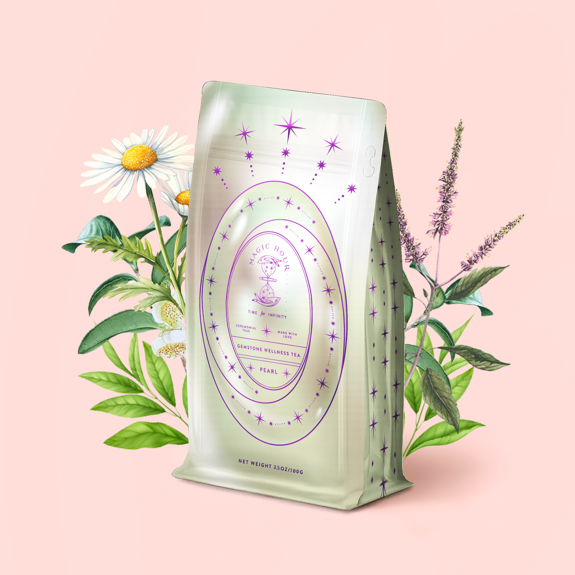 The "Pearl Tea of Beauty, Clarity, and a Sense of Peace" package, adorned with pastel colors, purple stars, and an ornate label, stands in front of illustrated chamomile, mint, and Tulsi plants against a light pink background.