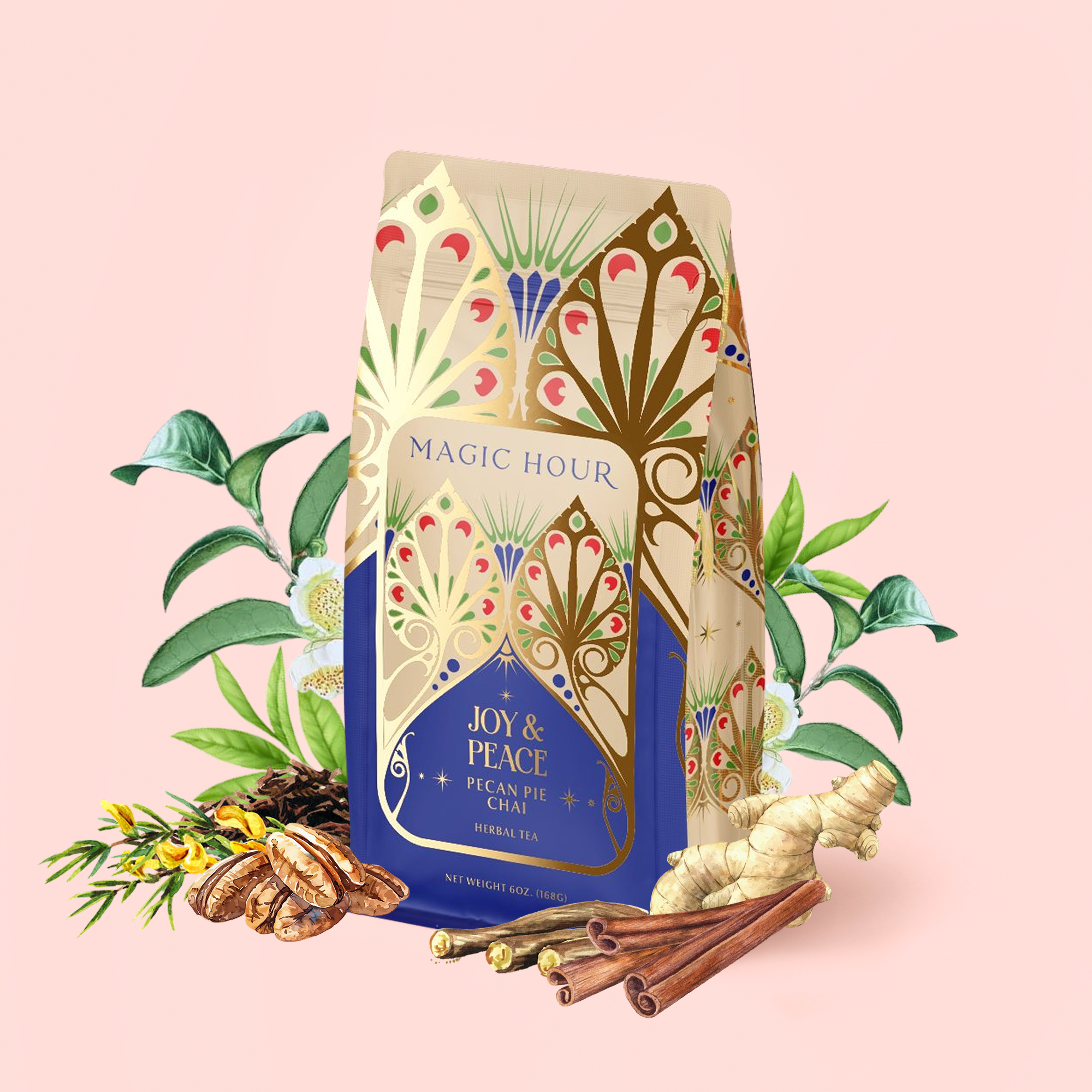 A decorative bag of Magic Hour Pecan Pie Chai herbal tea with illustrated leaves, surrounded by chai spices, cinnamon sticks, ginger root, rooibos, and other herbs on a pale pink background.